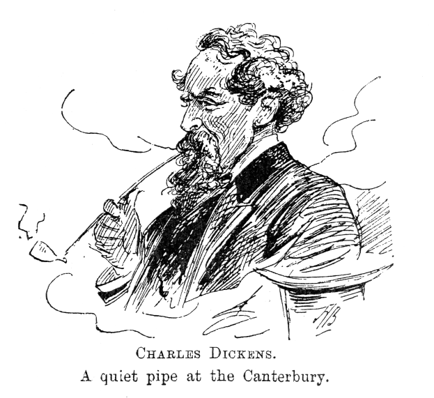 Eine Schwarz-Weiß-Zeichnung von Charles Dickens, der auf einem Stuhl sitzt und eine Pfeife raucht, mit dem Text "Charles Dickens: Eine ruhige Pfeife in Canterbury" darunter.