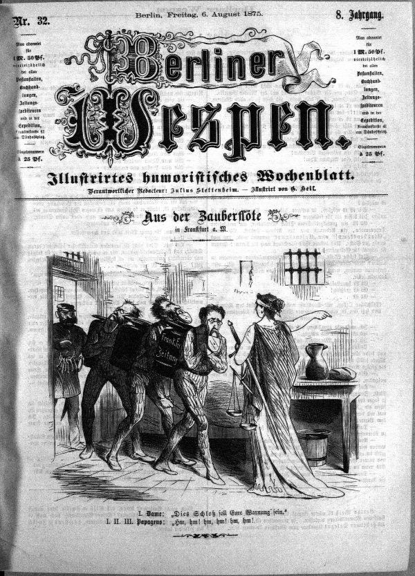 Schwarze und weiße Zeitung vom "Berliner Wespen, 6. August 1875" mit einer Gruppe von Menschen in Not, einige schauen ängstlich nach oben und andere verwirrt nach unten.