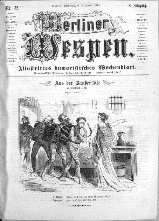 Schwarze und weiße Zeitung vom "Berliner Wespen, 6. August 1875" mit einer Gruppe von Menschen in Not, einige schauen ängstlich nach oben und andere verwirrt nach unten.
