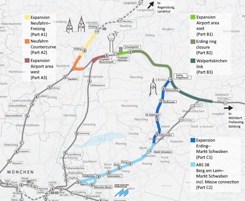 Eine detaillierte Stadtkarte mit einer hervorgehobenen Bahnroute von München nach Frankfurt, einschließlich Haltestellen und Umgebung, mit zusätzlichen Bahninformationen.