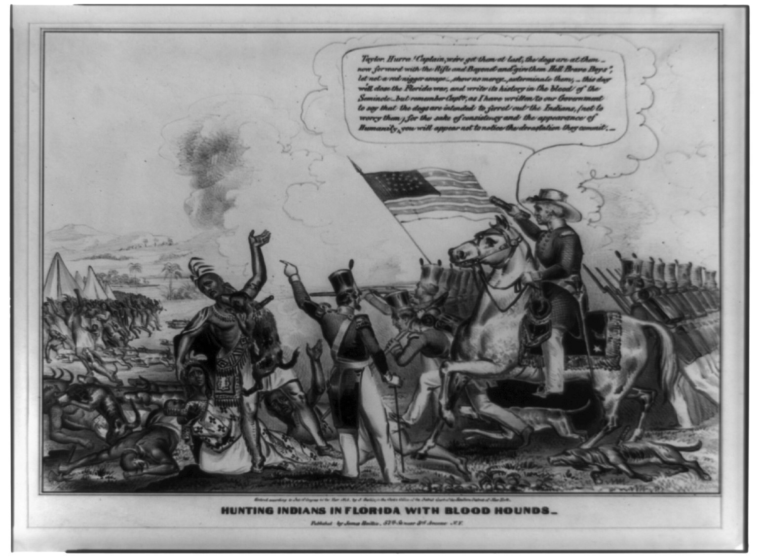 Schwarzes und weißes Foto einer Gruppe von Menschen, einige zu Pferde, mit einer Flagge im Hintergrund und Text, der unten 'Indians in Florida jagen mit Bluthunden' lautet.