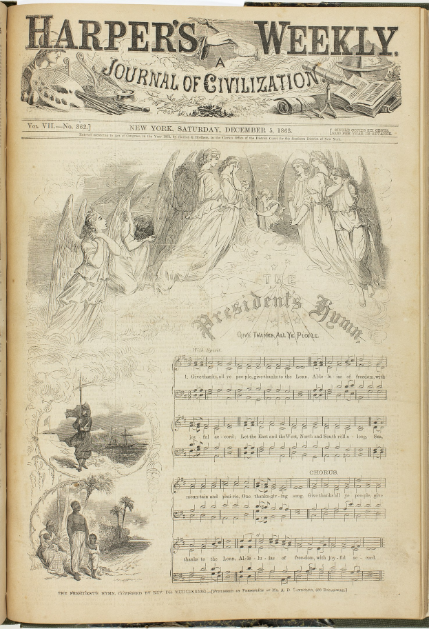 Offenes Buch mit dem Titel "Harper's Weekly Journal of Civilization" mit einer Gruppenillustration verschiedener Menschen und begleitendem Text und Bildern.