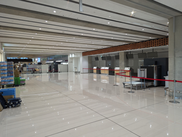 Großes Flughafen-Terminal mit verstreutem Gepäck, Gepäckwagen, Absperrpoller mit Bändern, Säulen, wandmontierten Fernsehern und Deckenleuchten, wahrscheinlich ein Check-in-Bereich.