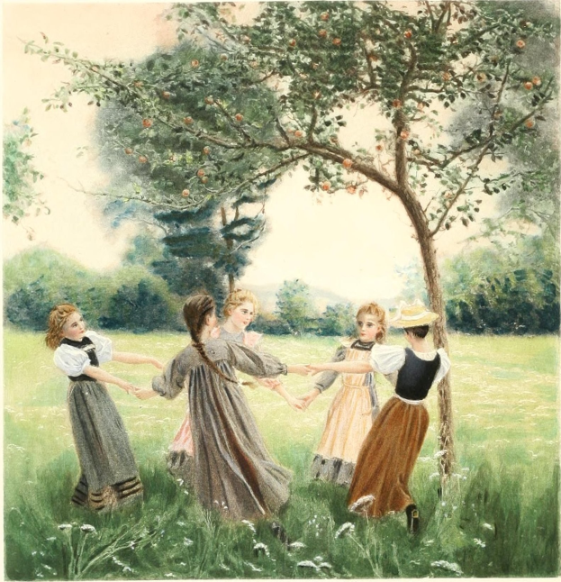Gemälde von Kindern, die sich in einem Apfelhain mit grünem Gras, bunten Blumen, reifen Apfelbäumen und einem hellblauen Himmel an den Händen halten.