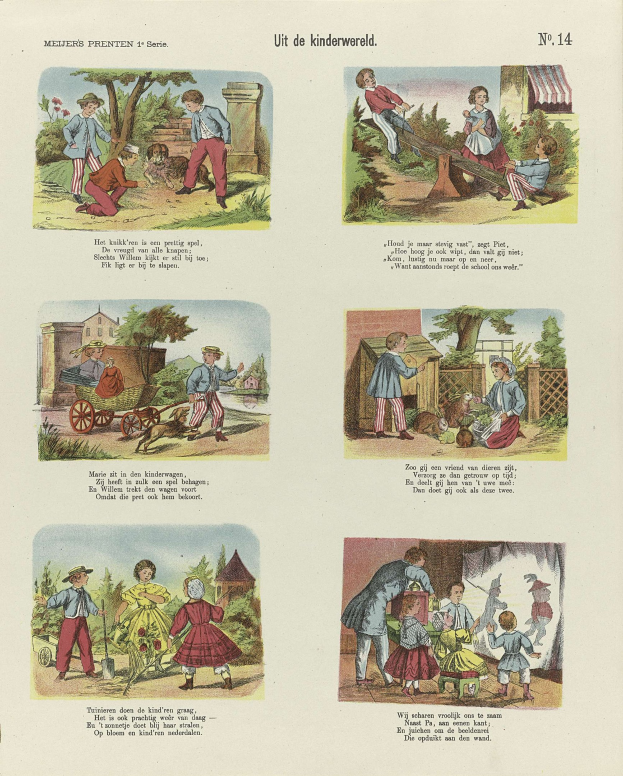 Ein aufgeschlagenes Buch mit Illustrationen von Kindern, die im Park spielen, umgeben von Bäumen, Gebäuden und einem Wagen, sowie Text.