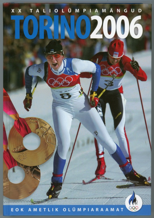 Ein Plakat der Olympischen Spiele 2006 in Turin, Italien, das zwei Skifahrer auf dem Schnee zeigt, mit der Aufschrift "Turin 2006".