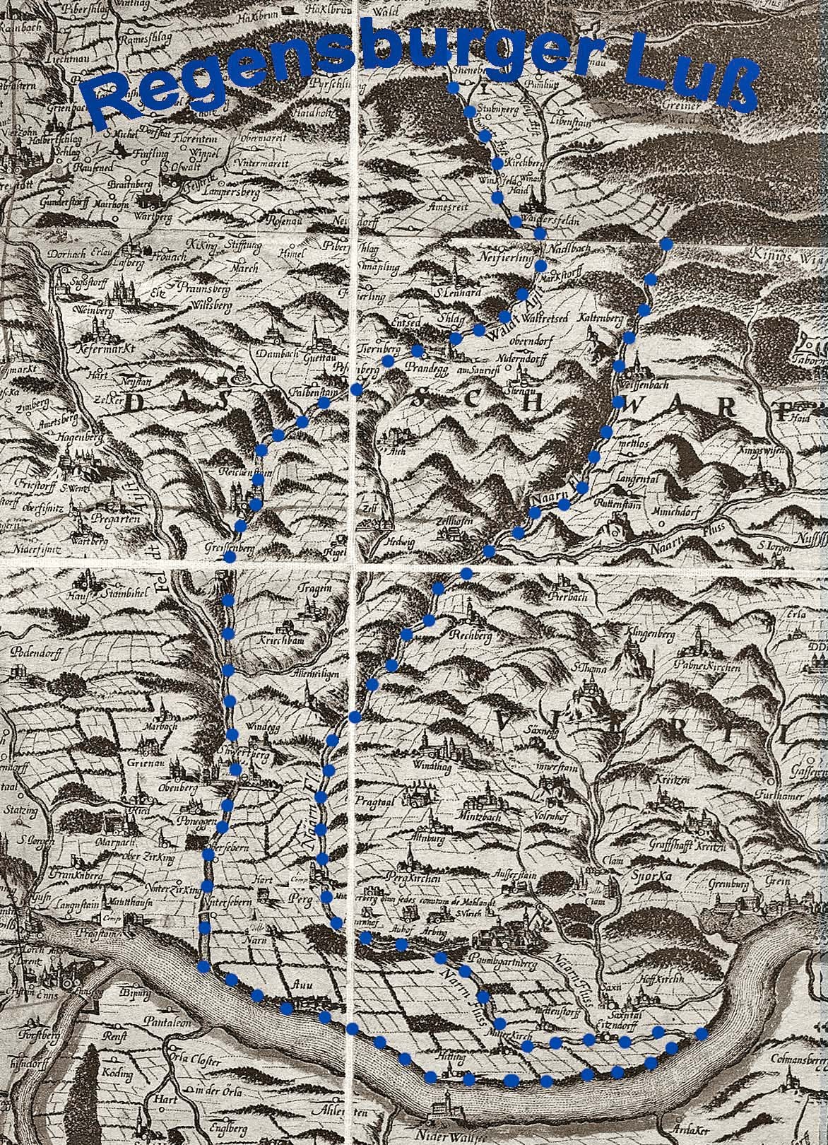 Eine detaillierte Karte der Regensburger Lube, die Straßen, Flüsse und geografische Merkmale zeigt, umgeben von Text mit zusätzlichen Informationen zum Gebiet.