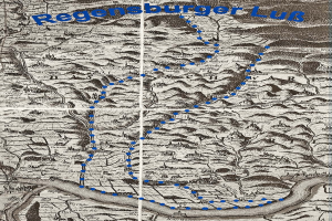 Eine detaillierte Karte der Regensburger Lube, die Straßen, Flüsse und geografische Merkmale zeigt, umgeben von Text mit zusätzlichen Informationen zum Gebiet.