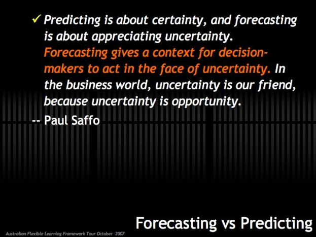 Schwarzer Hintergrund mit weißer Schrift, die folgendes Statement enthält: "Forecasting vs Predicting: Predicting is about certainty, and forecasting is about appreciating uncertainty."