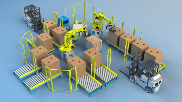 Gruppe automatisierter Roboter, die Kartons auf einem Förderband in einem hochmodernen Lager bewegen