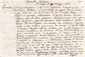 Handgeschriebener Brief von Francesco Carissimo an den Präsidenten von Italien, datiert 1721, auf altem vergilbten Papier mit sauberer Kursive.