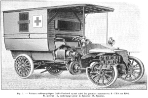 Eine Schwarz-Weiß-Illustration eines alten Autos mit einem Anhänger, mit Text unten.