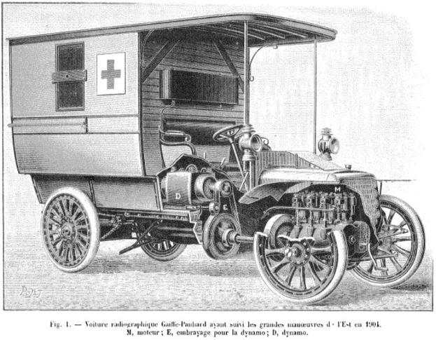 Eine Schwarz-Weiß-Illustration eines alten Autos mit einem Anhänger, mit Text unten.