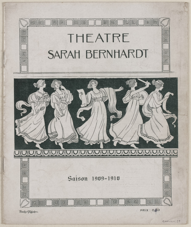 Plakat für das Theatre Sarah Bernhardt von 1909-1910, das eine Gruppe von Frauen in der Mitte zeigt, mit Texten, die das Theater und die Darsteller beschreiben.