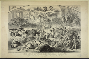 Ein Plakat, das eine Gruppe von Menschen im Vordergrund, ein Gebäude im Hintergrund und fetten, schwarzen Text unten zeigt.