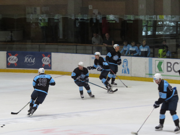 Eine Gruppe von Menschen in Hockey-Ausrüstung spielt Eis Hockey auf einer Indoor-Eisfläche, mit Zuschauern durch die Glaswände sichtbar.