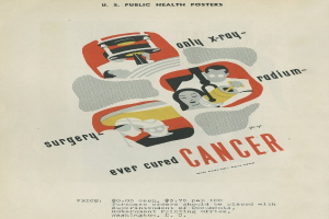 Plakat mit einem Mann in einem weißen Kittel und Stethoskop mit der überdimensionalen Schrift "Operationen haben noch nie Krebs geheilt" auf einem hellrosa Hintergrund, der eine entschlossene Miene ausdrückt.