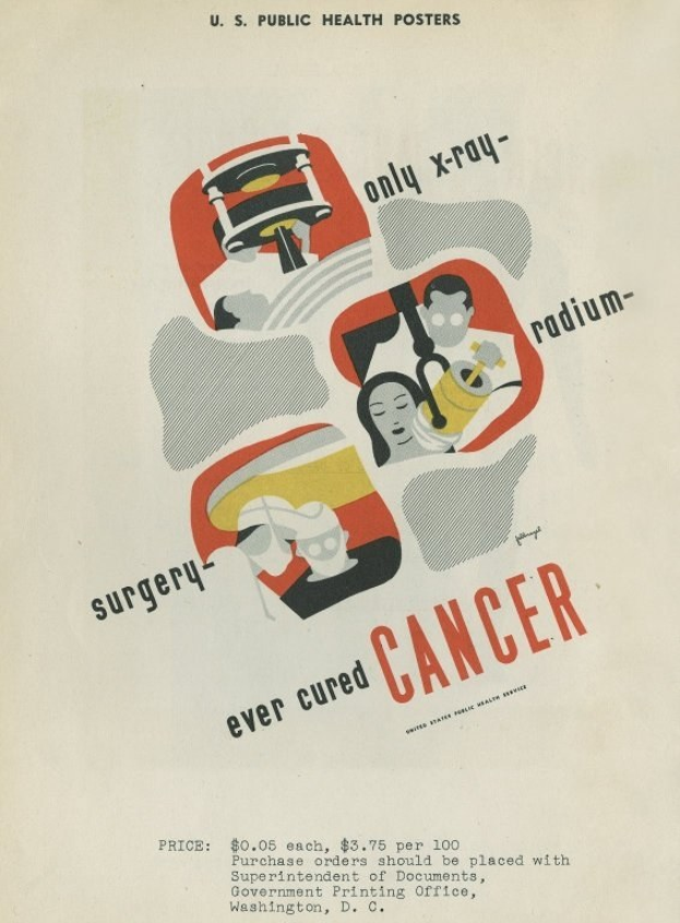 Plakat mit einem Mann in einem weißen Kittel und Stethoskop mit der überdimensionalen Schrift "Operationen haben noch nie Krebs geheilt" auf einem hellrosa Hintergrund, der eine entschlossene Miene ausdrückt.