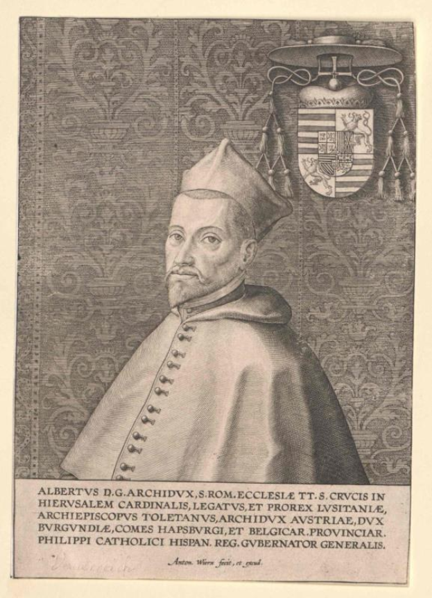 Gravur eines Mannes in Priestergewand und Hut, beschriftet mit "Albrecht D.", mit einem Wappen im Hintergrund und der Aufschrift "Erzbistum" unten.