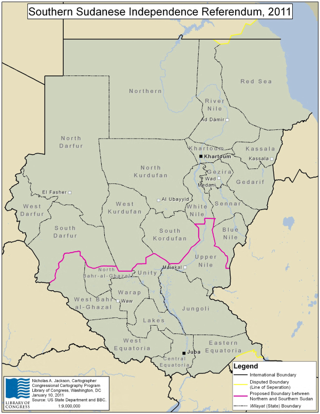 Ein buntes Kartenplakat der 2011er Volksabstimmung in Südsudan mit Symbolen und erklärendem Text.