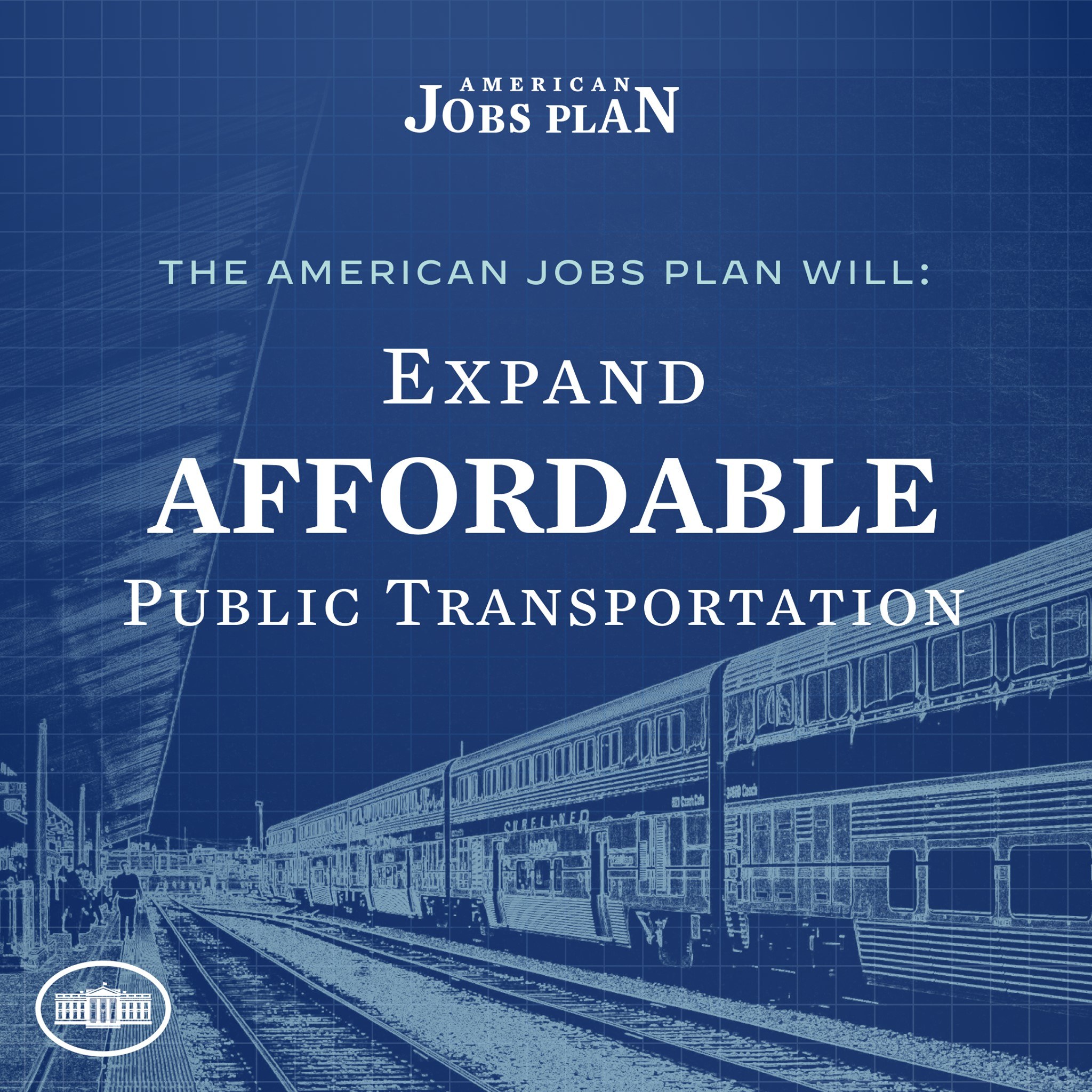 Ein Plakat mit einem Zug auf Schienen und einigen Menschen in der Nähe, der Text lautet "The American Jobs Plan Will Expand Affordable Public Transportation".
