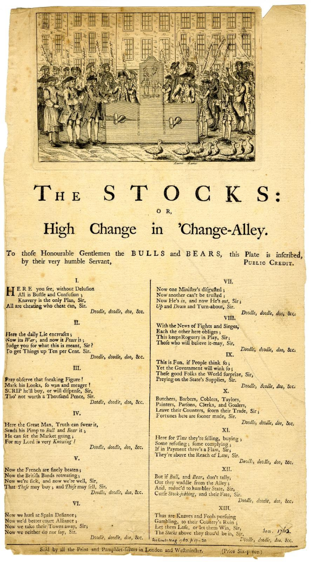 Ein historisches Dokument mit dem Titel 'The Stocks or High Change in Change-Alley', das verstörte Menschen in einer chaotischen Szene zeigt.