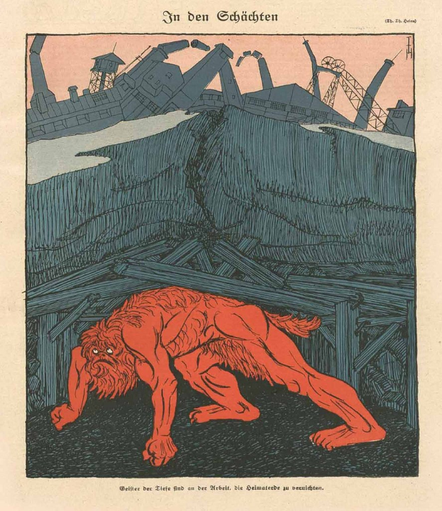 Illustration eines bedrohlichen Werwolfs in Kampfstellung vor einem rauchenden Fabrikschlot unter einem tiefblauen Himmel, mit einem Plakat in fetter Schrift dahinter.