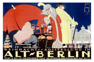 Plakat zur Ankündigung einer Weihnachtsausstellung in altem Berlin mit leuchtenden Illustrationen von Menschen, Gebäuden und Gegenständen und dem Text "Weihnachtsausstellung in Alt-Berlin" oben drauf.