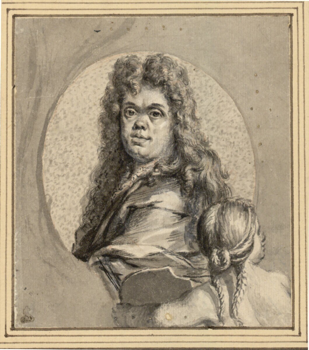 Ein Porträt eines Mannes mit langen Haaren und einem ernsten Gesichtsausdruck, eine Frau mit einem sanften Gesichtsausdruck, die ein Kind hält, beide blicken direkt in die Kamera.