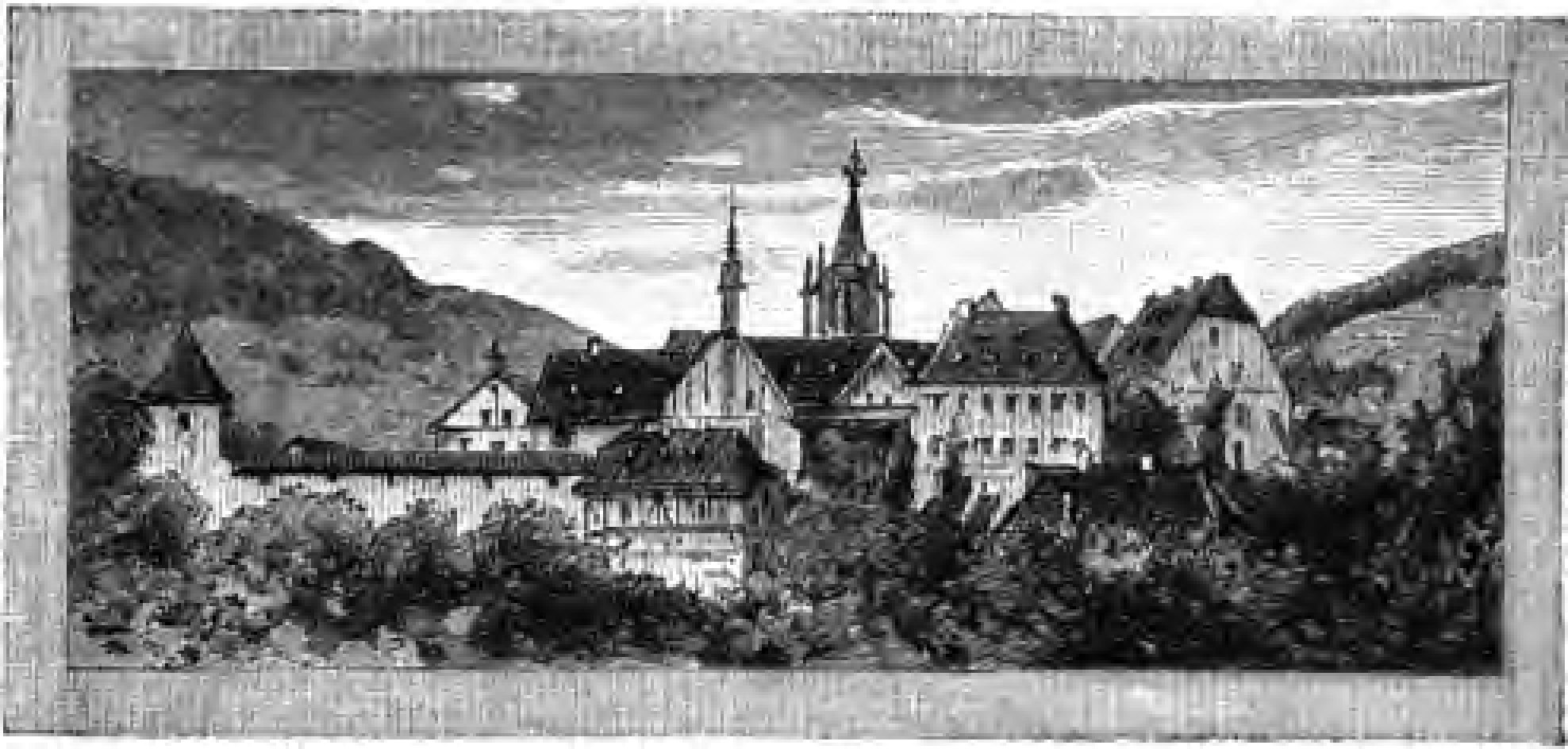 Schwarze und weiße Gravur eines Schlosses umgeben von einem Wald mit Bäumen und Hügeln im Hintergrund, beschriftet mit "Bayern, Deutschland" unten.