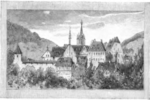 Schwarze und weiße Gravur eines Schlosses umgeben von einem Wald mit Bäumen und Hügeln im Hintergrund, beschriftet mit "Bayern, Deutschland" unten.