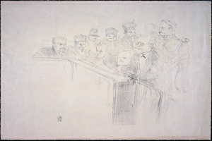 Eine Zeichnung einer Gruppe von Menschen in einer Gerichtssituation, die an einem mit Papieren übersäten Tisch sitzen, mit einem schwarzen Rand um die Ränder.