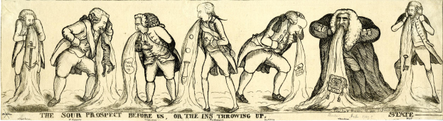 Eine Zeichnung einer Gruppe von besorgten Menschen, die zusammenstehen, mit dem Text "Die bittere Aussicht vor uns, oder die Ins werfen auf" darüber.