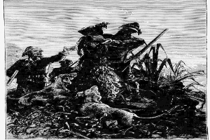 Eine Schwarz-Weiß-Illustration von Menschen und Tieren in einem Feld mit dem Text "Die Jagd nach dem Hund" unten.