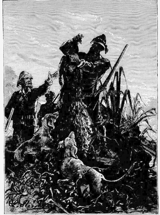 Eine Schwarz-Weiß-Illustration von Menschen und Tieren in einem Feld mit dem Text "Die Jagd nach dem Hund" unten.