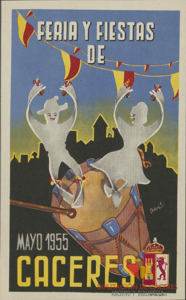 Ein buntes Plakat wirbt für das Karnevalsfest "Feria y Fiestas de Caceres" in Caceres, Spanien, mit Menschen in traditioneller Kleidung, einem hellgelben Hintergrund und Veranstaltungseinzelheiten.