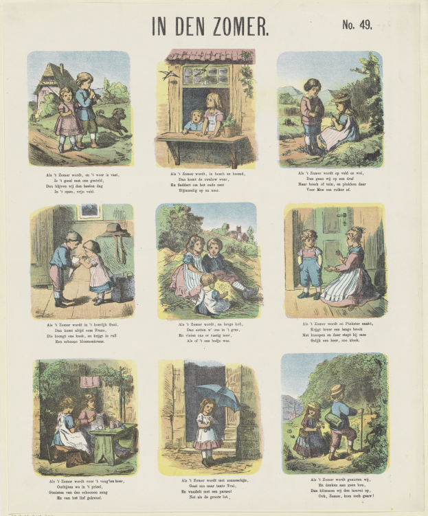 Ein Blatt mit Kindern, die in einem üppigen, grünen Garten spielen, bunte Kleidung tragen und lächeln, mit spielerischem Text.