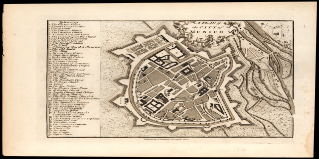 Alte Karte von München, Deutschland, auf schwarzem Hintergrund, zeigt Straßen, Gebäude und Sehenswürdigkeiten mit Textbeschriftungen.
