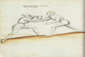 Zwei Männer in einer körperlichen Auseinandersetzung, einer wirft einen Schlag, steht auf einem Blatt Papier mit Text, der die Szene beschreibt.