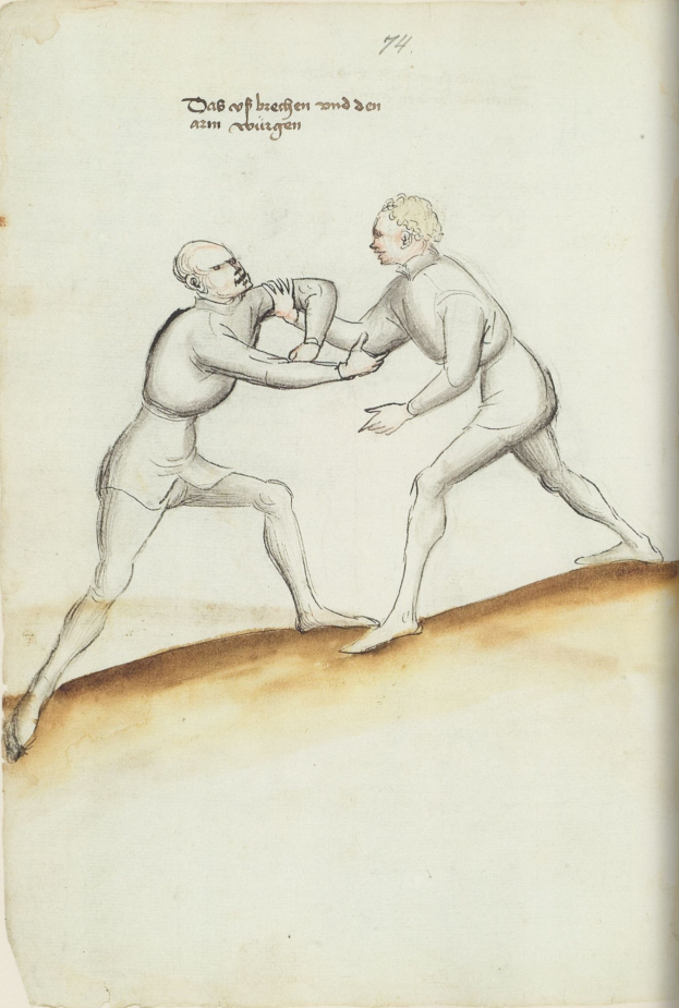 Zwei Männer in einer körperlichen Auseinandersetzung, einer wirft einen Schlag, steht auf einem Blatt Papier mit Text, der die Szene beschreibt.