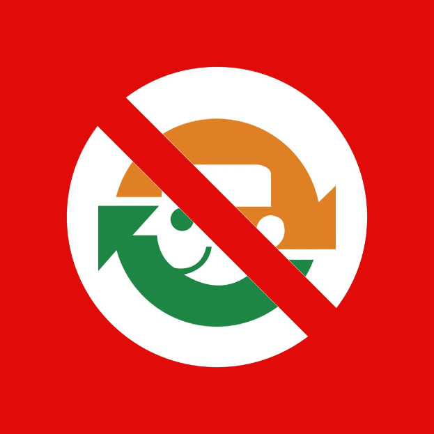 Ein rotes und weißes Schild mit fetter schwarzer Schrift, die 'Kein Recycling' lautet, und einem nach rechts zeigenden Pfeil.