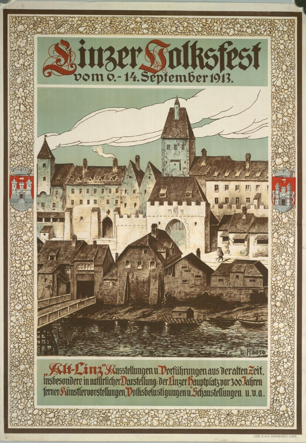 Alter Plakatwerbung für ein Festival in Deutschland, das ein Schloss umgeben von Häusern zeigt.