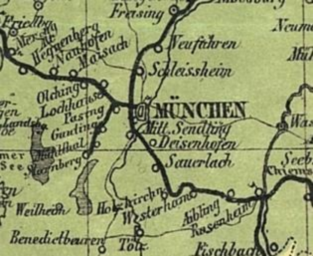 Detailiertes altes Stadtplan von München, Deutschland, zeigt Straßen, Gebäude, Sehenswürdigkeiten und textuelle Informationen zur Bevölkerung, Straßen und bekannten Stellen.