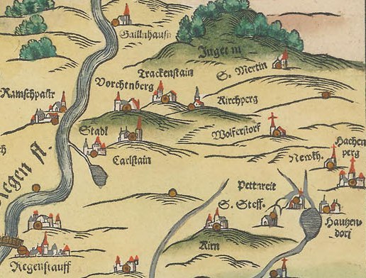 Alte Karte von Köln, Deutschland, mit grünen Bäumen, kleinen hüslichen Häusern und dekorativem Text.