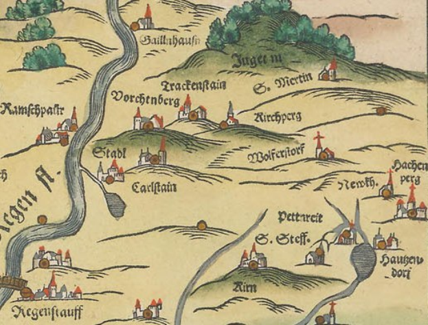 Alte Karte von Köln, Deutschland, mit grünen Bäumen, kleinen hüslichen Häusern und dekorativem Text.