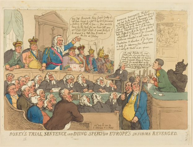 Cartoon-Illustration eines Gerichtssaals mit dem Titel "Boney's Trial, Sentence, and Dying Speech Europe's Injuries Revenged", die einen Mann zeigt, der zentral vor sitzenden Figuren steht, mit einem Tisch voller Gegenstände rechts daneben.