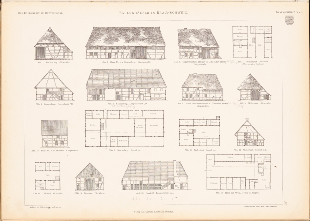 Ein offenes altes Buch mit architektonischen Hausplänen und Zeichnungen auf seinen Seiten, begleitet von beschreibendem Text.