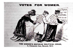 Zeichnung von drei Frauen in traditioneller Kleidung, die ein Papier mit der Aufschrift "Wahlrecht f"ur Frauen: Die Women's Social & Political Union" halten.