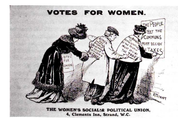Zeichnung von drei Frauen in traditioneller Kleidung, die ein Papier mit der Aufschrift "Wahlrecht f"ur Frauen: Die Women's Social & Political Union" halten.