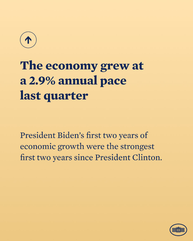 Ein Plakat mit fetter schwarzer Schrift auf einem weißen Hintergrund, eingerahmt von einem dünnen schwarzen Rand, das "Die Wirtschaft wuchs im letzten Quartal mit einem jährlichen Tempo von 2,9 Prozent" besagt.